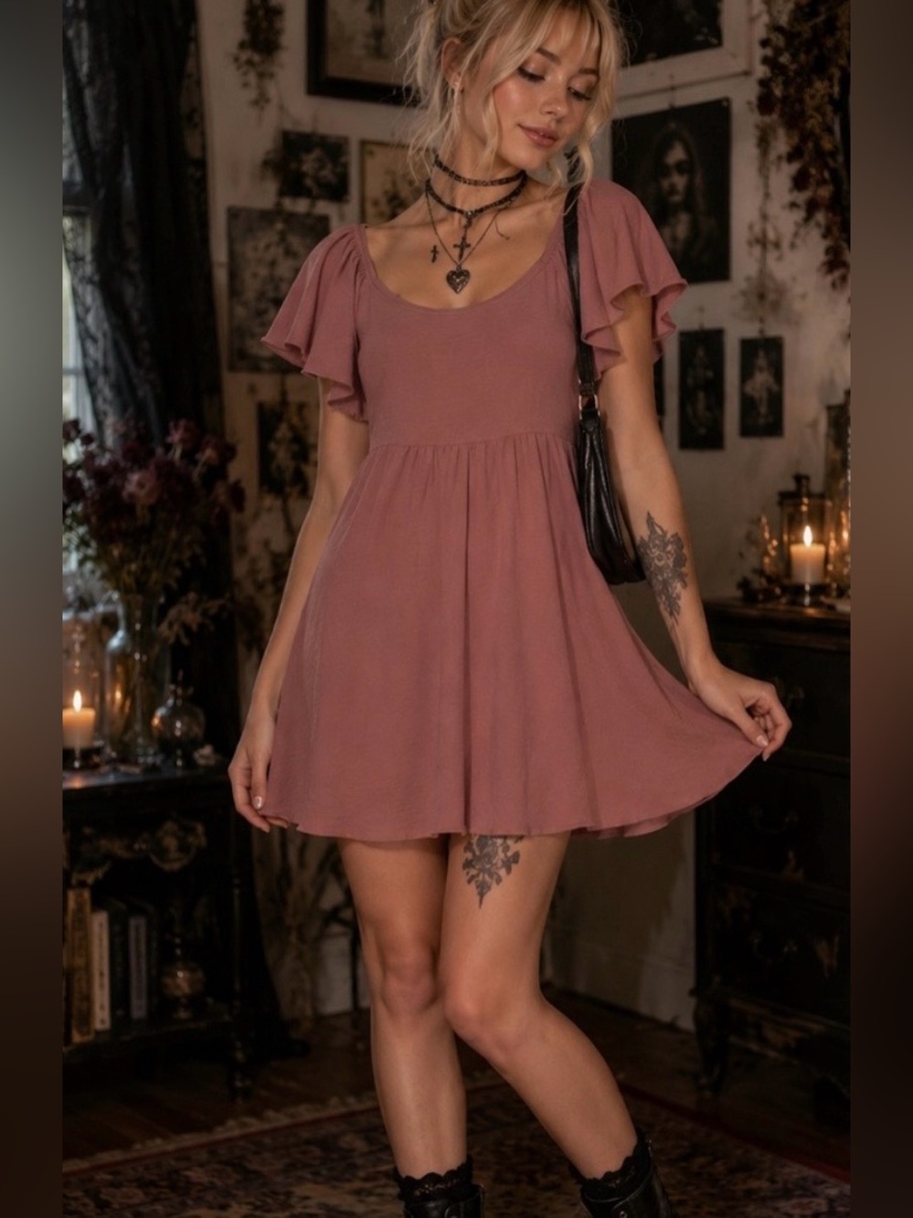 See You Monday Dusty Rose Blush Flutter Sleeve A-Line Dress Open Tie-Back XS